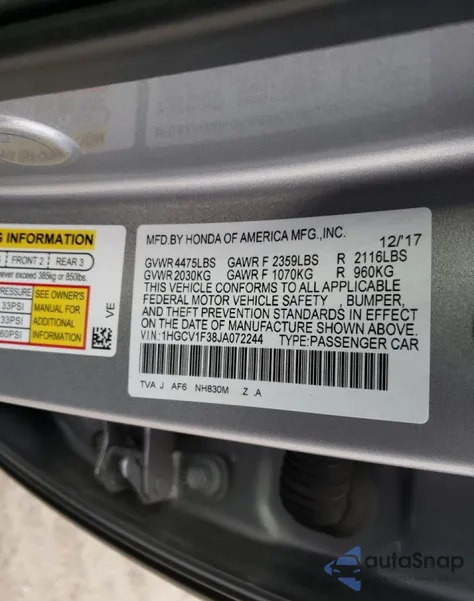 2018 Honda Accord Sport z USA, uszkodzony, nr VIN 1HGCV1F38JA072244